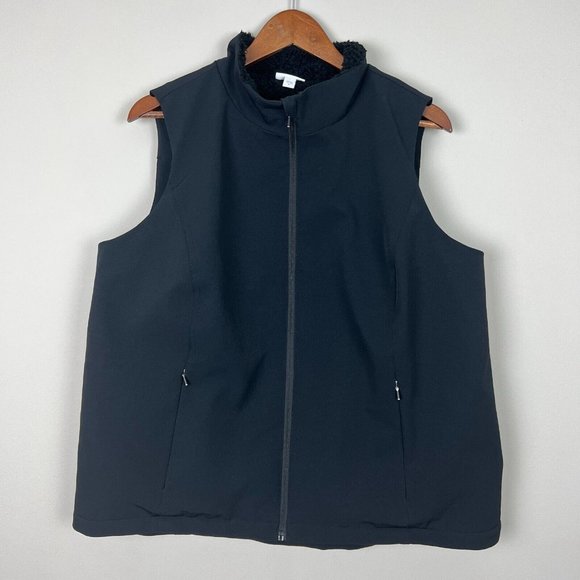 J Jill Fit Vest Women XL Black Faux Fur Sherpa Lined Full Zip Sleeveless Pockets - Picture 1 of 13